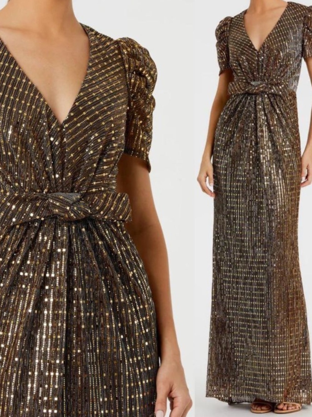 MAC DUGGAL 26661 Bow Waist Metallic Gown Bronze Short Sleeve  $398